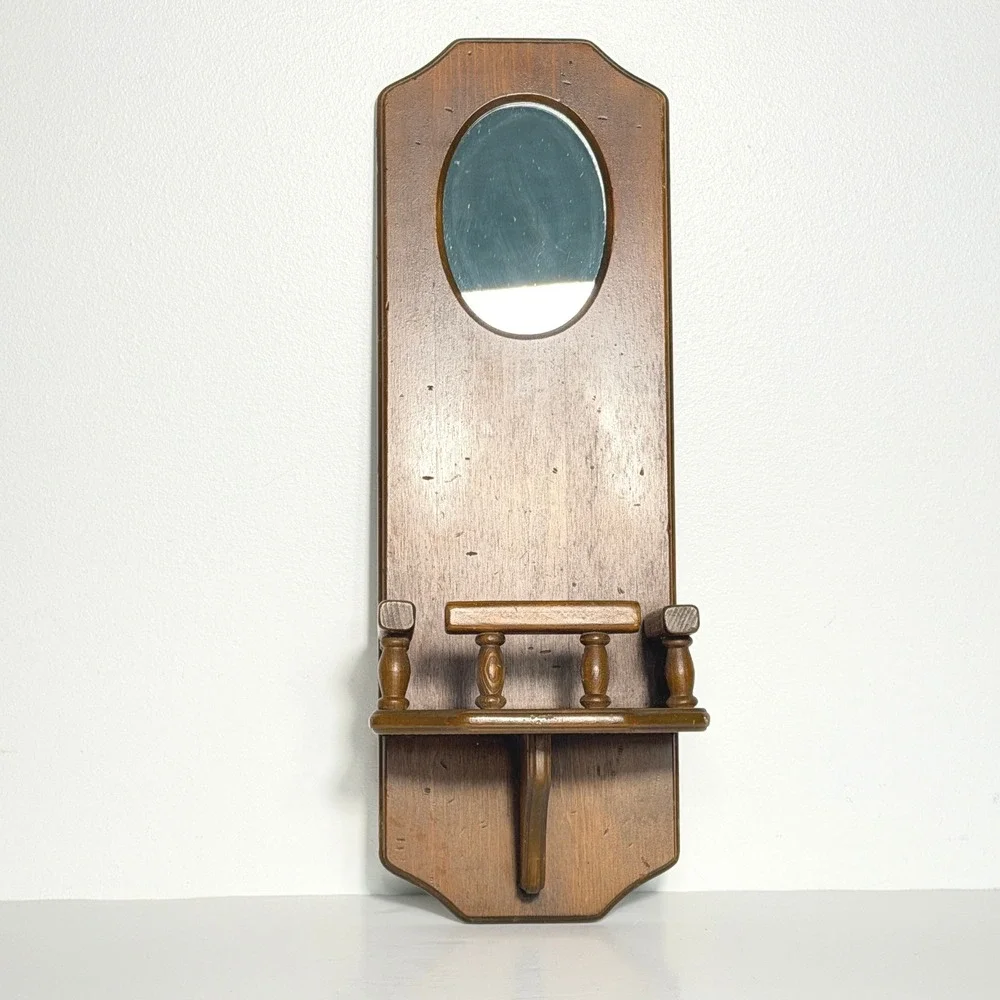 Vintage Early American Wood Wall Mirror Shelf Brown Rustic Farmhouse Home Decor
